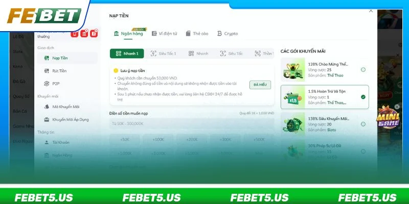 FEBET - Link Vào Nhà Cái Thể Thao, Game Online Không Chặn 09/2026 Chỉ vài bước là bạn lập tức có thể nạp tiền vào sảnh cược của FEBET